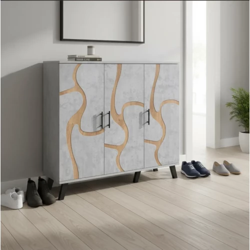 دولاب احذية 3 درفات خشب ماليزي 5 أدوار - رمادي فاتح وخشبي