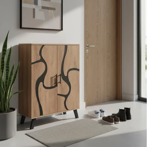 خزانة احذية بابين خشب ماليزي 5 أدوار - بيج واسود