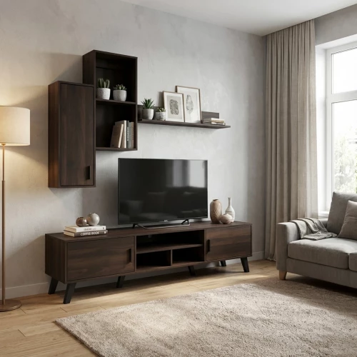 طاولة تلفزيون بني 180 سم مع رفوف جدارية وستاند - خشب ماليزي
